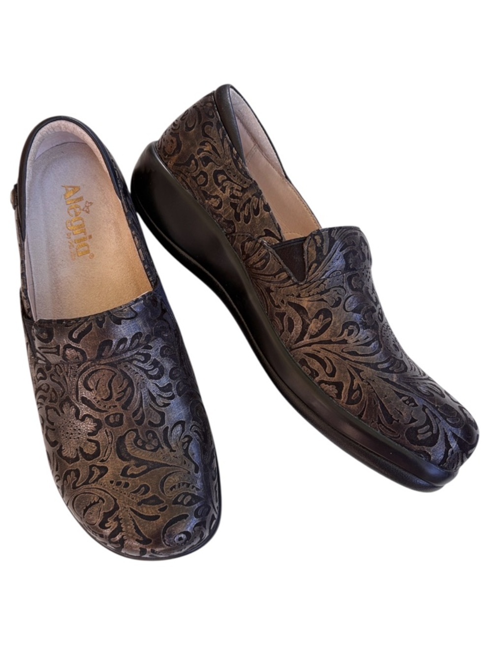 EUC Alegria Leather Keli Loafers Embossed Gold Black Size 10.5 - 11